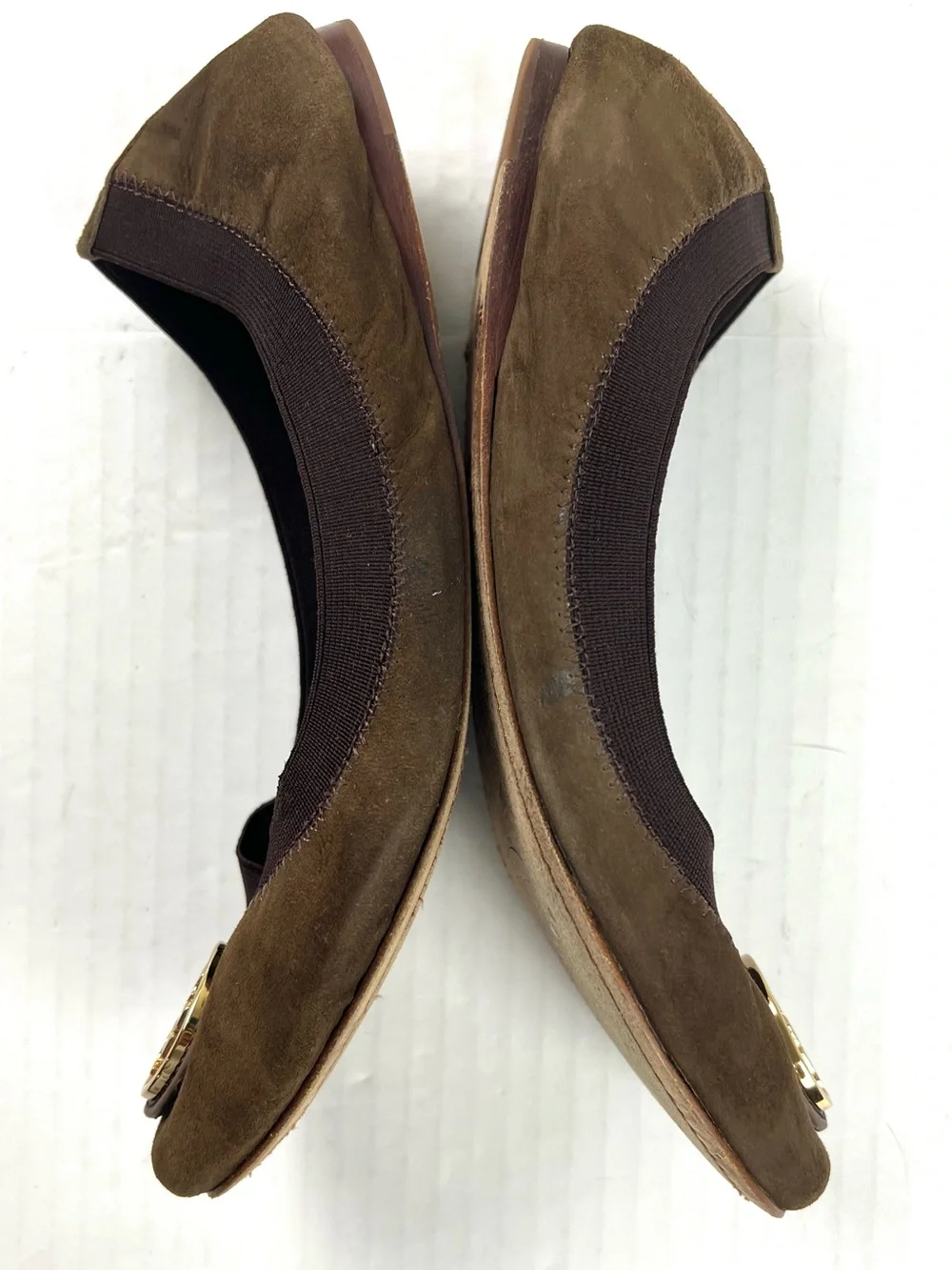 Tory Burch Brown Suede Logo Ballet Flats with Gold Emblem